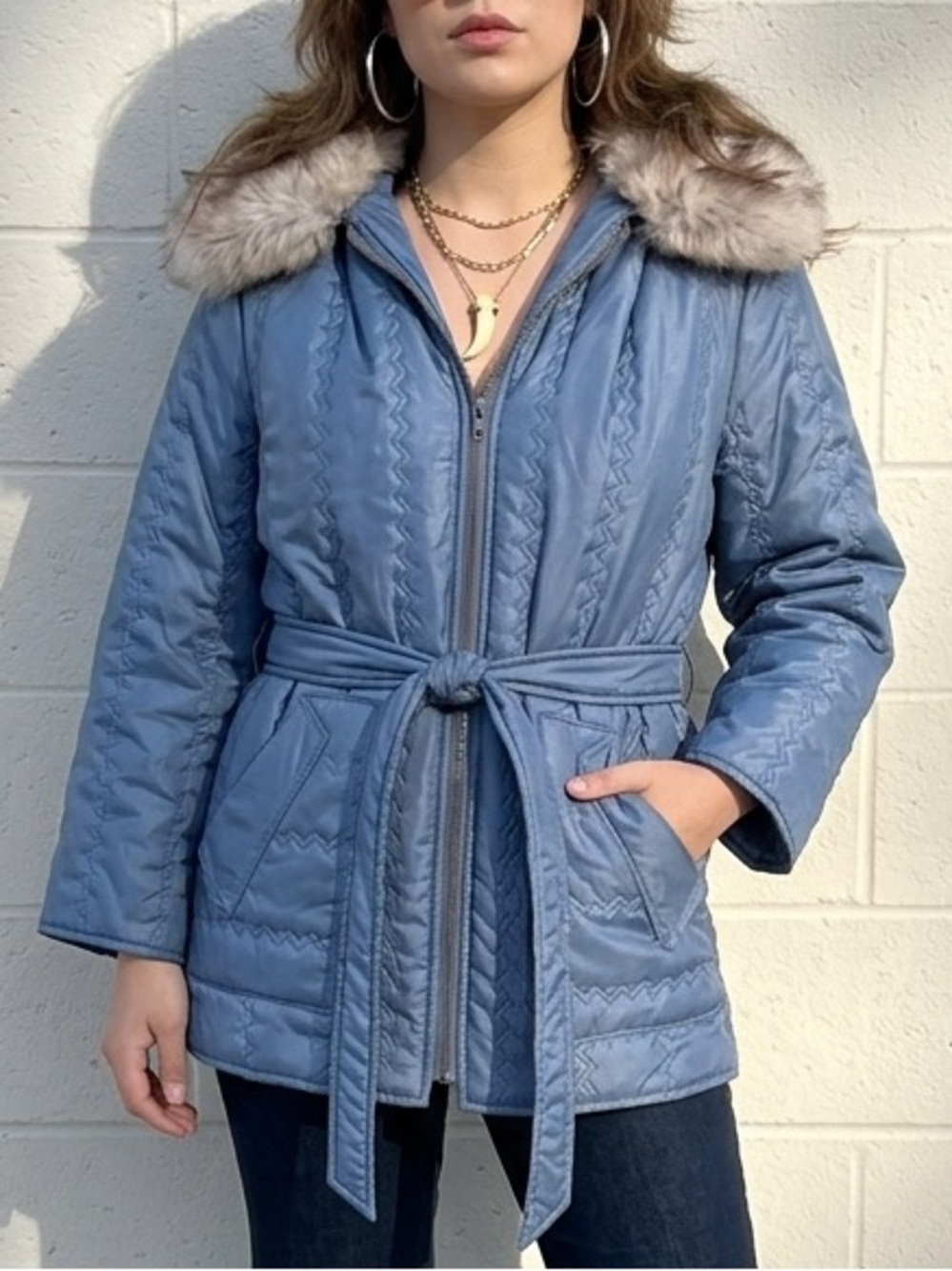 Vintage 1970s Blue Quilted Belted Winter Coat Faux Fur Collar Jacket